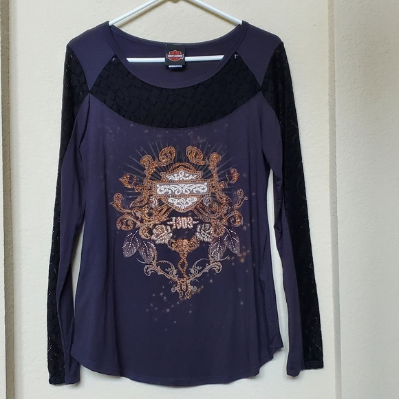 Harley-Davidson Tops - Harley Davidson Lace Long Sleeve Black Blingy Tee.  Size Large